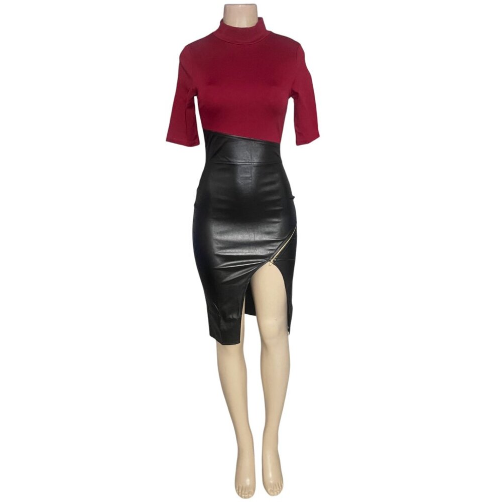 Vijo Couture Two-Tone Mock Neck Leatherette Side Slit Dress – Half Sleeve Size S - Picture 2 of 9